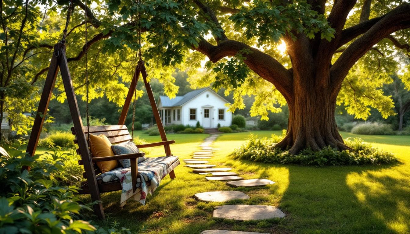 A bench swing under an oak tree with a quilt, stepping stones leading to a white house