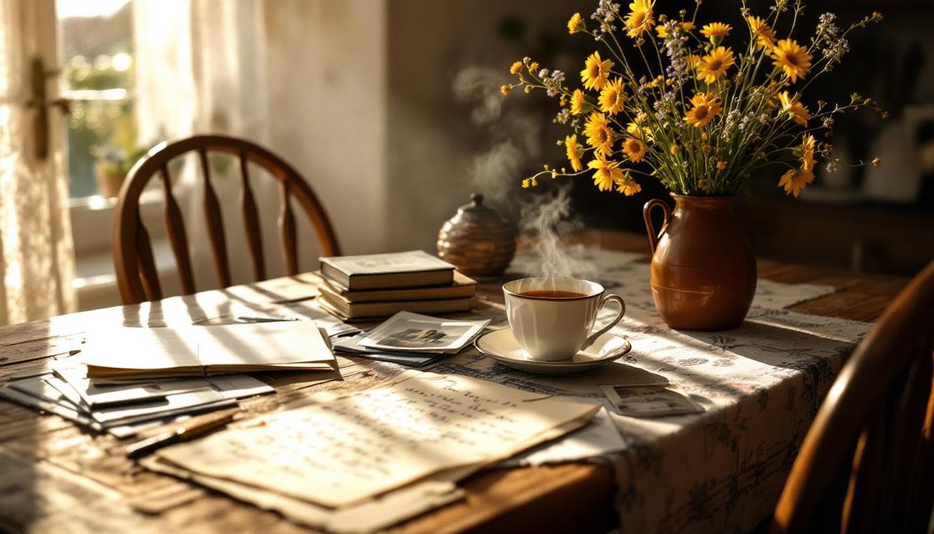 A sunlit kitchen table with handwritten letters, old photographs, and a cup of tea