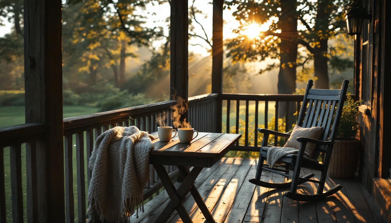 A farmhouse porch at sunrise with two cups of coffee and a rocking chair