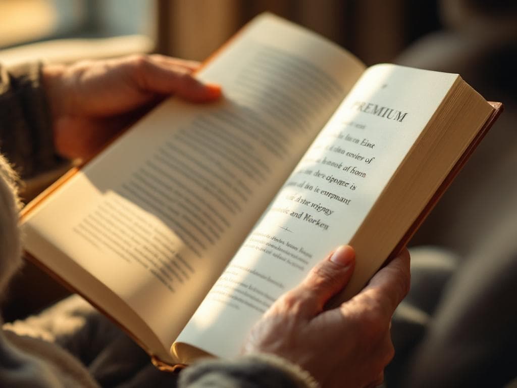 Hands holding open a biography book in warm light