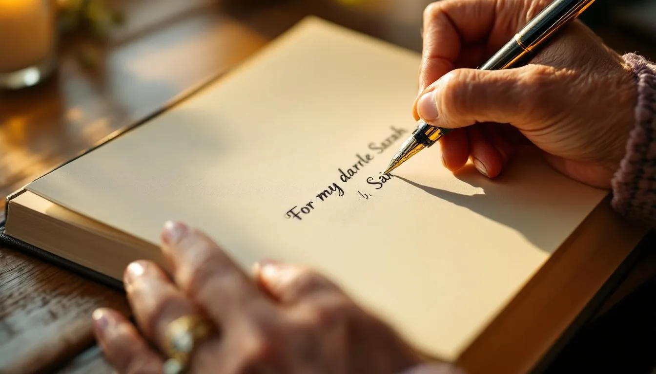 A mother writing a personal dedication on the first page of her biography