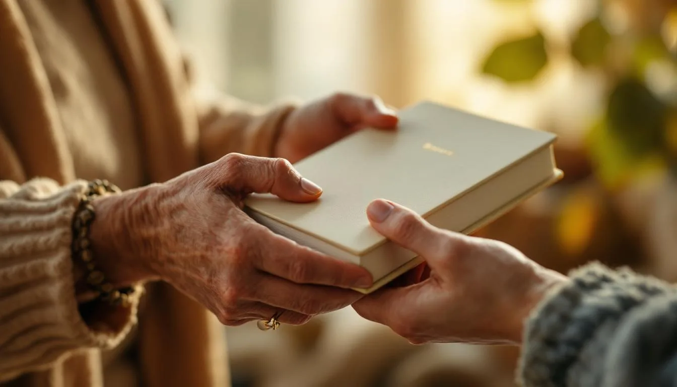 Hands passing a biography book to a loved one
